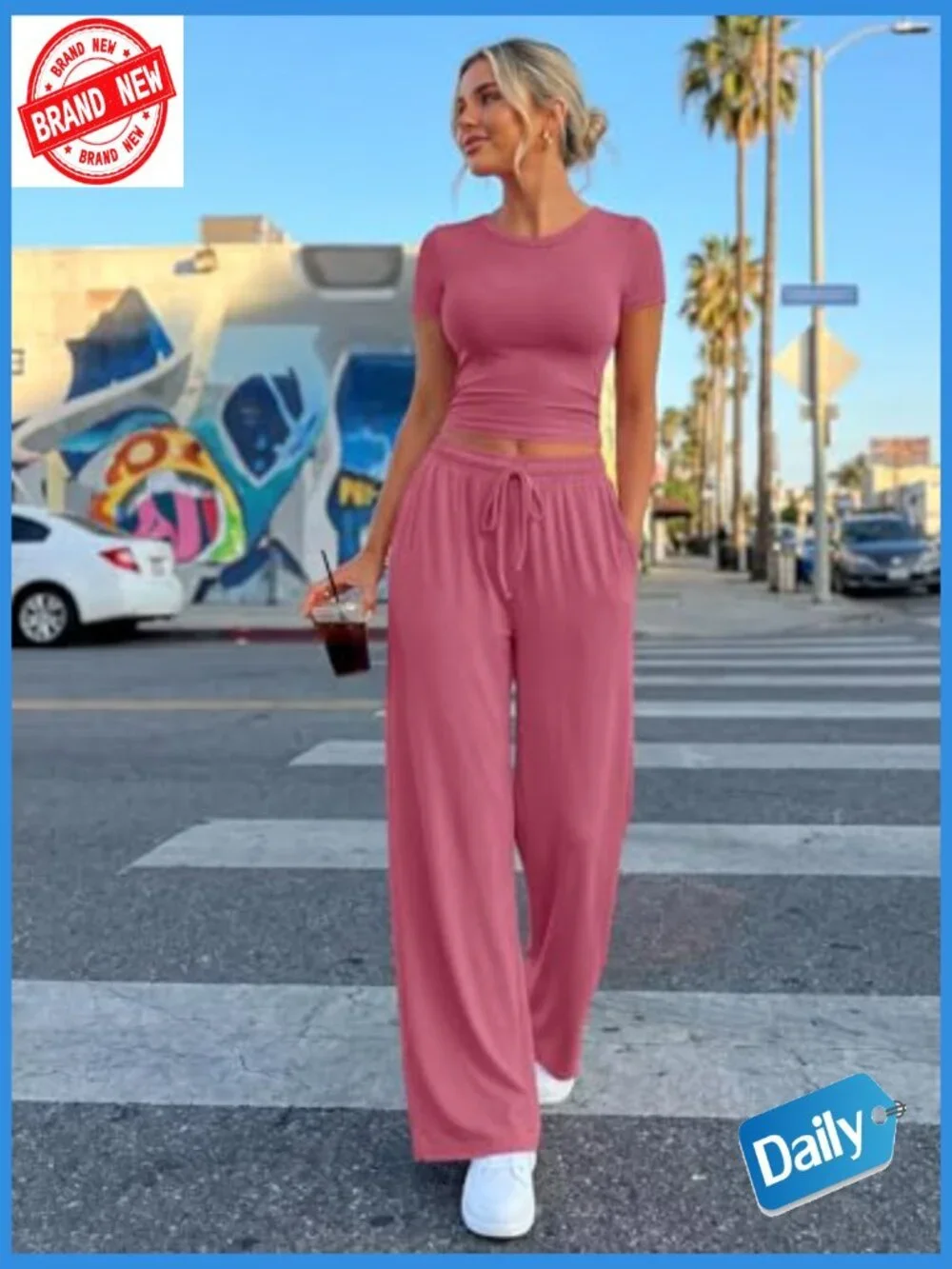 2 Piece Matching Lounge Set Side Ruching Top Wide Leg Pants with Pockets